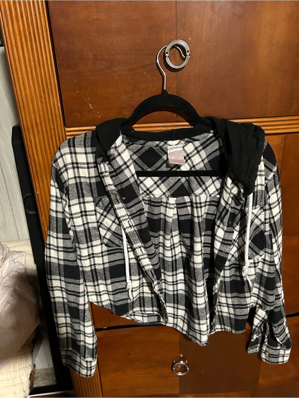 Plaid Black & White Hooded Shirt Crop Top
